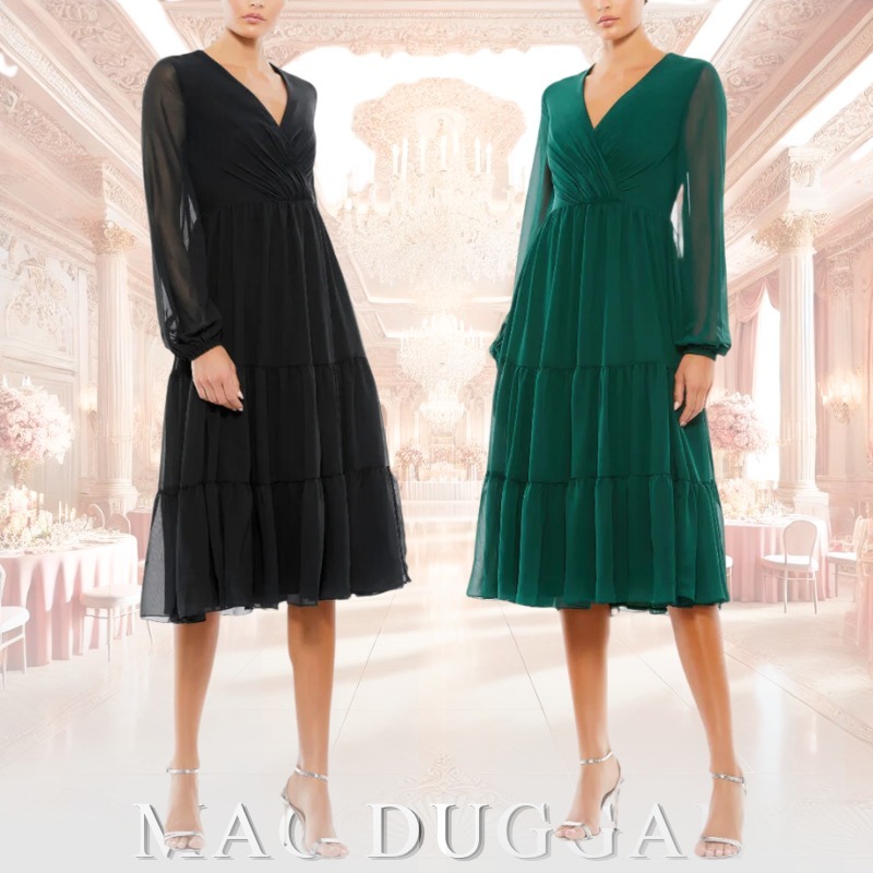 【送料関税込】MAC DUGGAL ティアードミディドレス Vネック