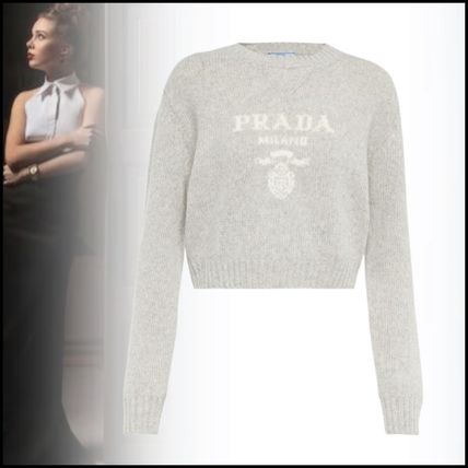 【23AW】新作 カシミヤxラメ クルーネック セーター ◆プラダ◆ ホワイト ウールxカシミヤ クルーネック セーター | PRADA