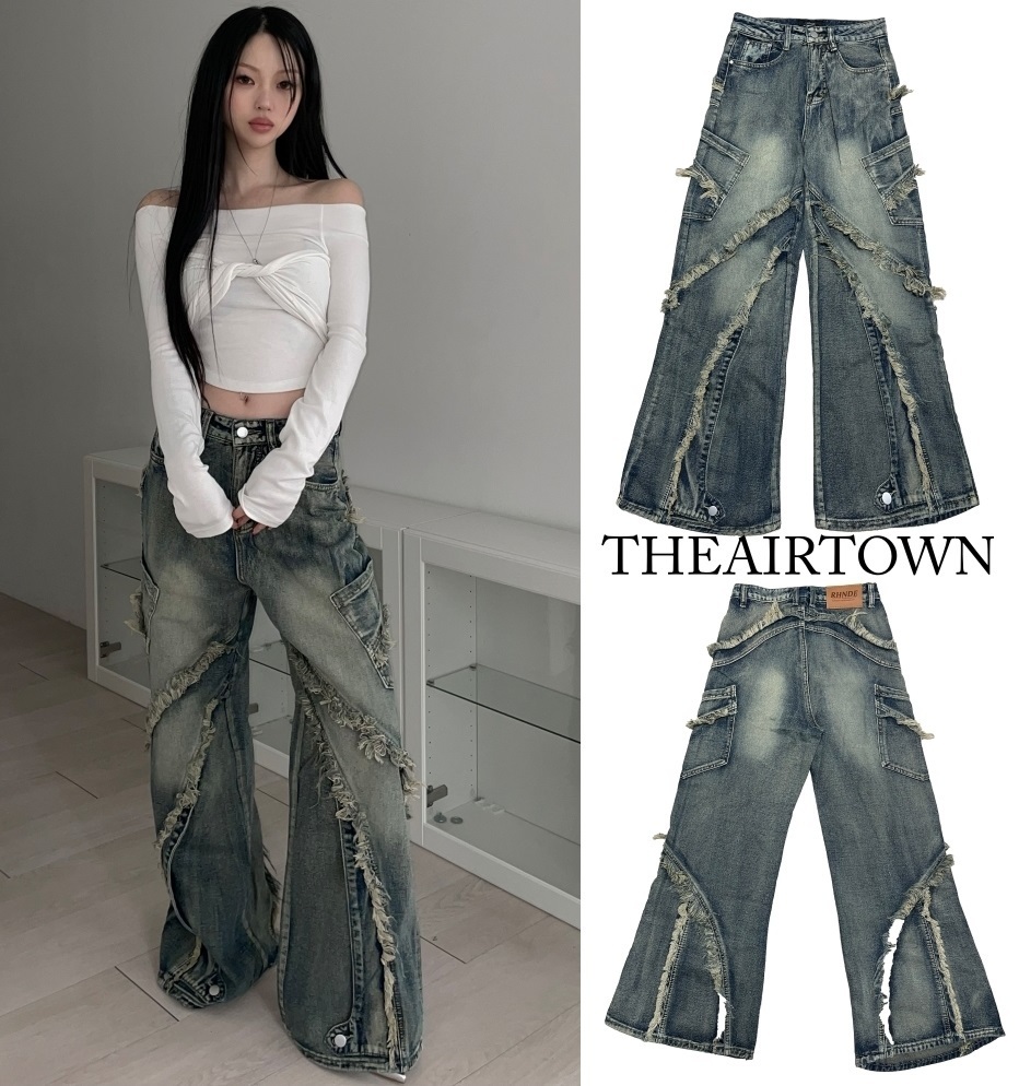 【THEAIRTOWN】ダメージ フリンジ カーゴ ワイド デニムパンツ◆