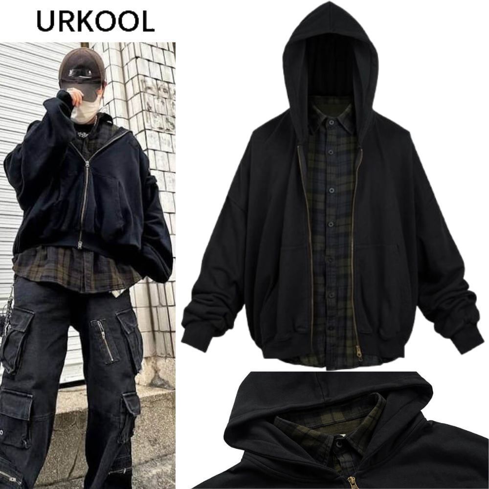 URKOOL ダブルレイヤー チェック フーディ ジッパー