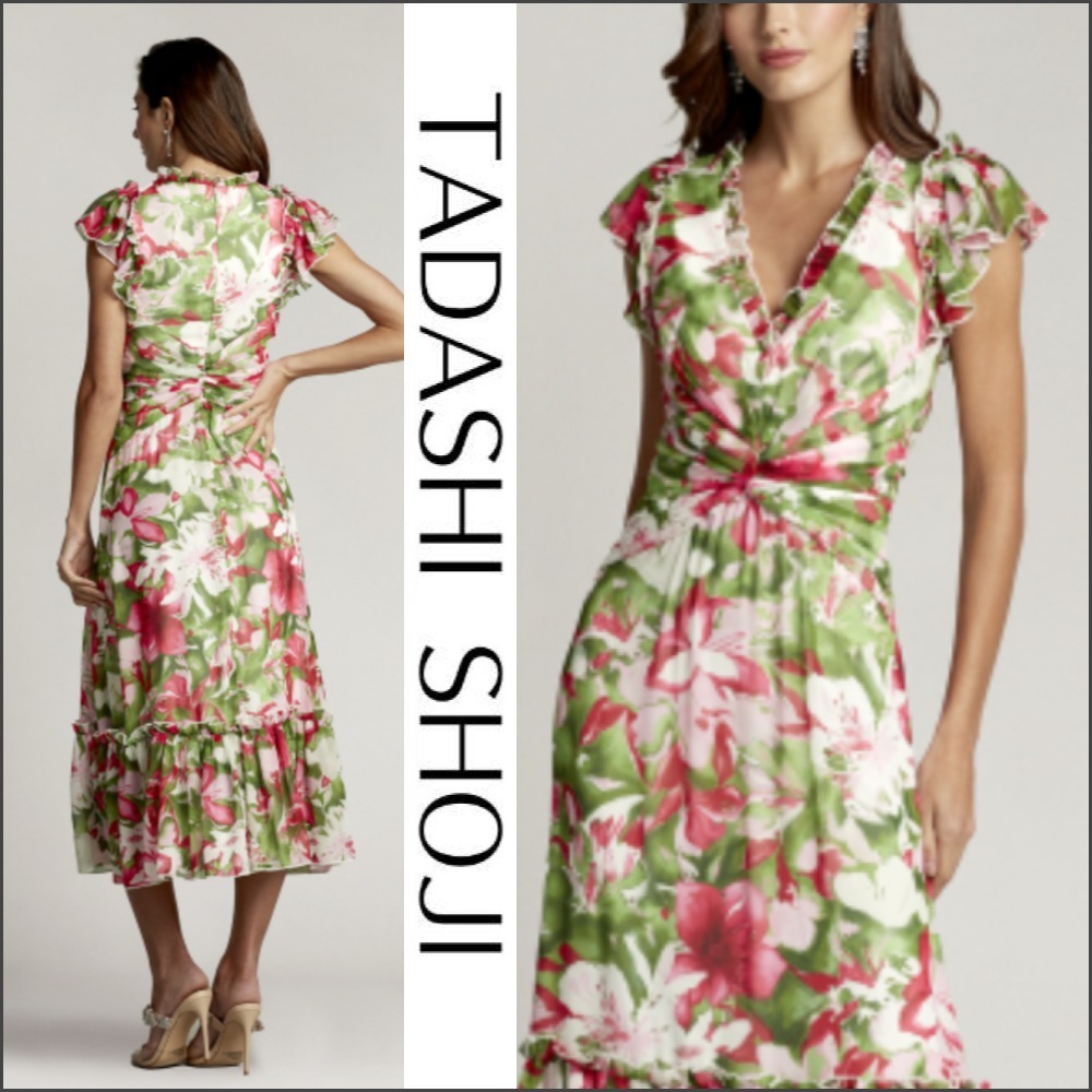 関税送料込【TADASHI SHOJI】ロング ワンピース フリル ピンク