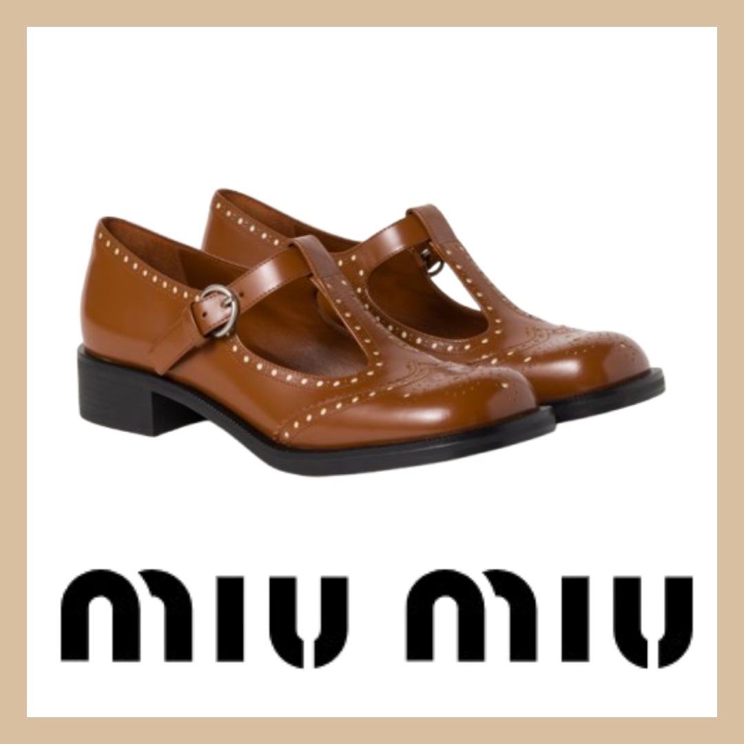 MIUMIU レザー Tストラップ ブローグシューズ