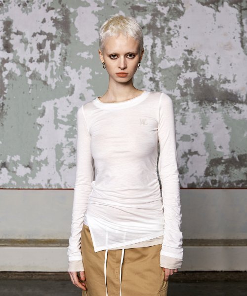 Tシャツ・カットソー WOOALONG Signature shirring layered long sleeve WHITE SF1DT