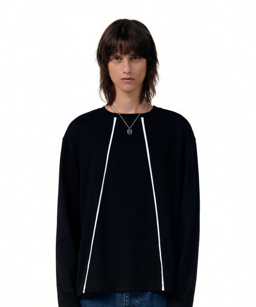 Tシャツ・カットソー WOOALONG Signature slit point Tshirt BLACK WL233JLT07UBLK