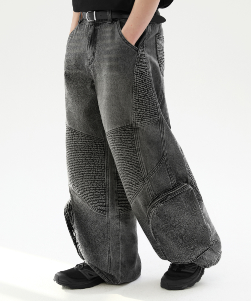 ★TRILLION★ Biker 3D pocket washed balloon fit denim pants