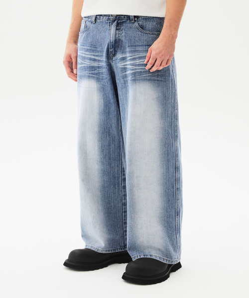 ★TRILLION★ Rain Slub Front Washed Wide Denim Pants BLEACH