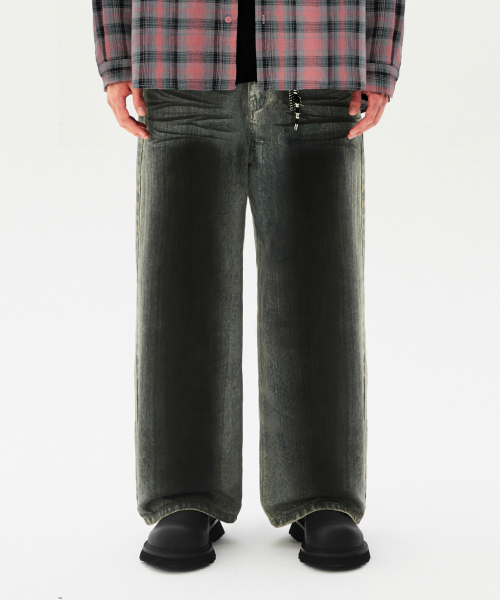★TRILLION★ Rain Slub Front Washed Wide Denim Pants DIRTY S