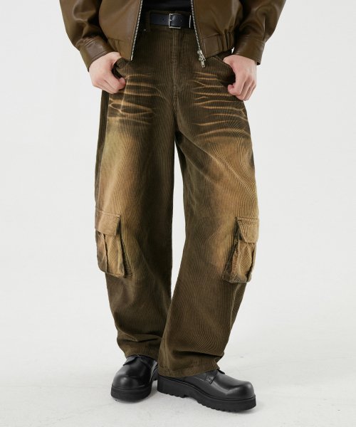 ★TRILLION★ Vintage Washed Corduroy Wide Cargo Pants KHAKI