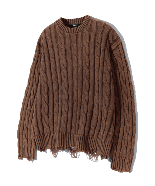 ★TRILLION★ Vintage washed damaged cable knit BROWN TRSKN21
