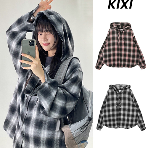 【KIXI】★(UNISEX) Boom Hood Check Shirt
