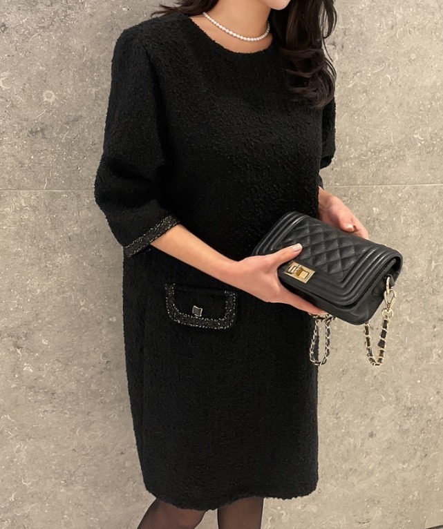 ワンピース I AM MARI Tweed pearl pocket cocoon dress 4BNY458
