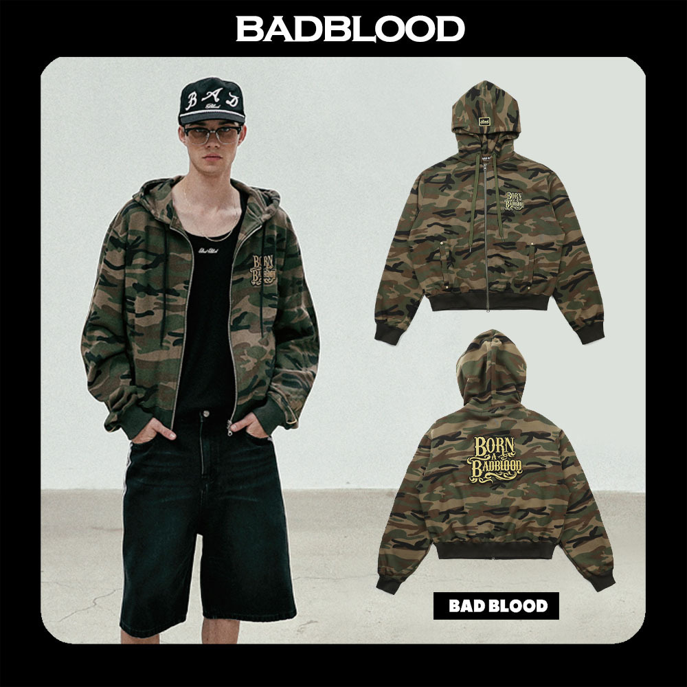 【BADBLOOD】CAMO HOOD ZIP UP ★送料・関税込★大人気★ BADBLOOD☆韓国大人気 Camo Hood Zip-Up - Military 男女共用