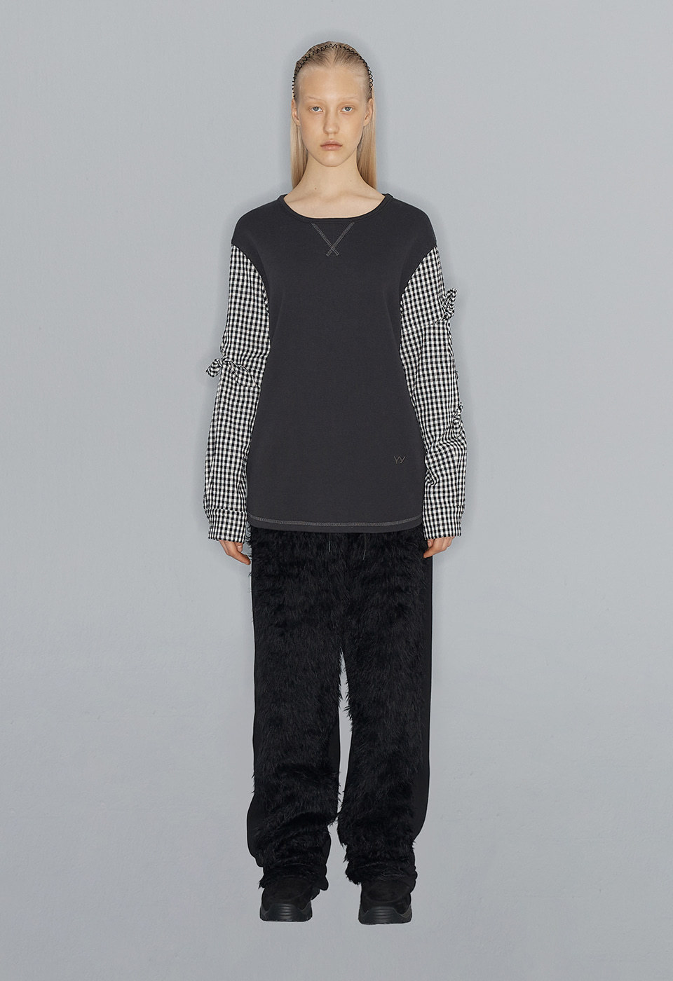 【OPEN YY】FRONT SHAGGY FUR TRACK PANTS [正規品] OPEN YY] / ☆ 24FW FRONT SHAGGY FUR TRACK PANTS / BLACK