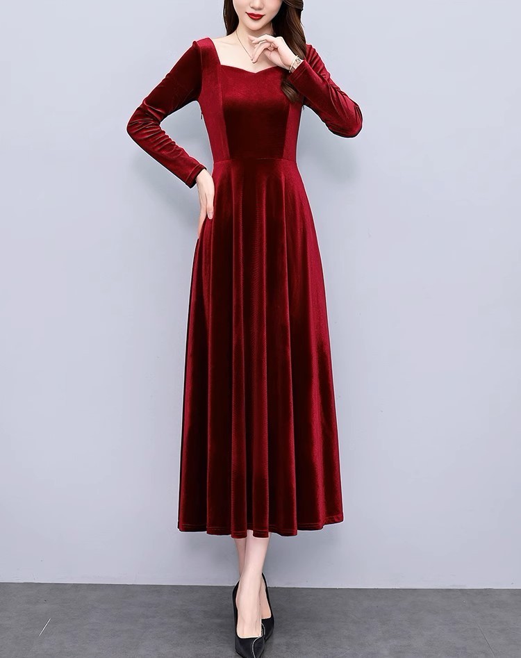 ☆長袖☆ベロア パール ロング丈 ワンピース パーティ ドレス 2色】☆長袖☆ベロア ロング丈 ワンピース パーティ ドレス