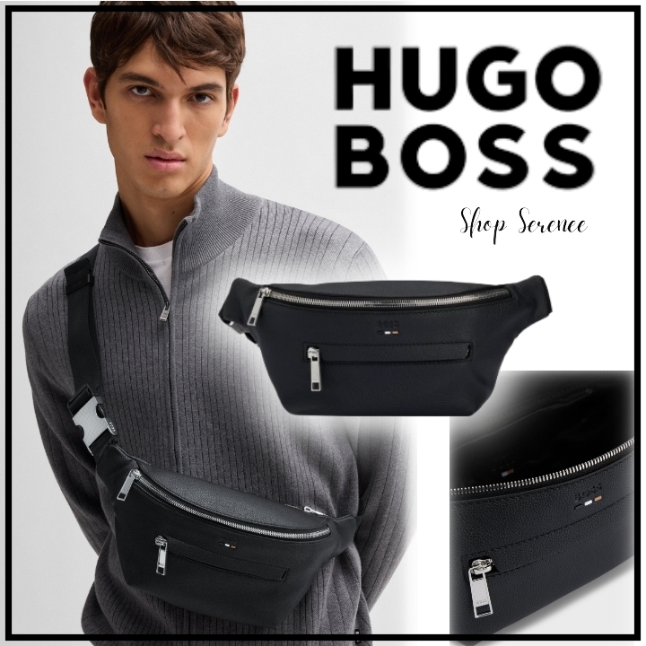 BOSS ボス★ブラック フェイク グレインレザー ベルトバッグ BOSS - グレイン フェイクレザー ベルトバッグ エンボスロゴ