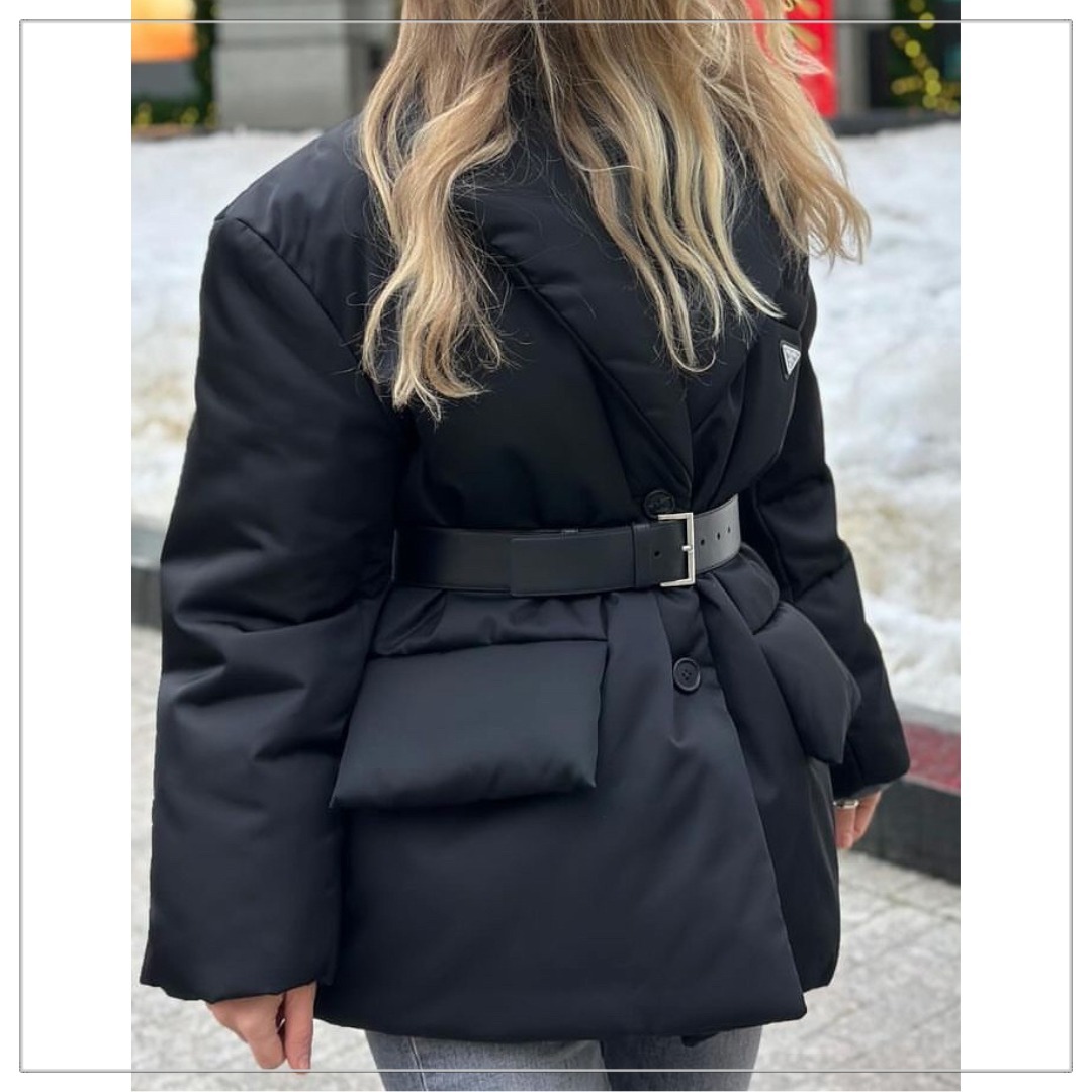 PRADA◆Re-Nylon フード ダウンジャケット レザーベルト付 ロゴ