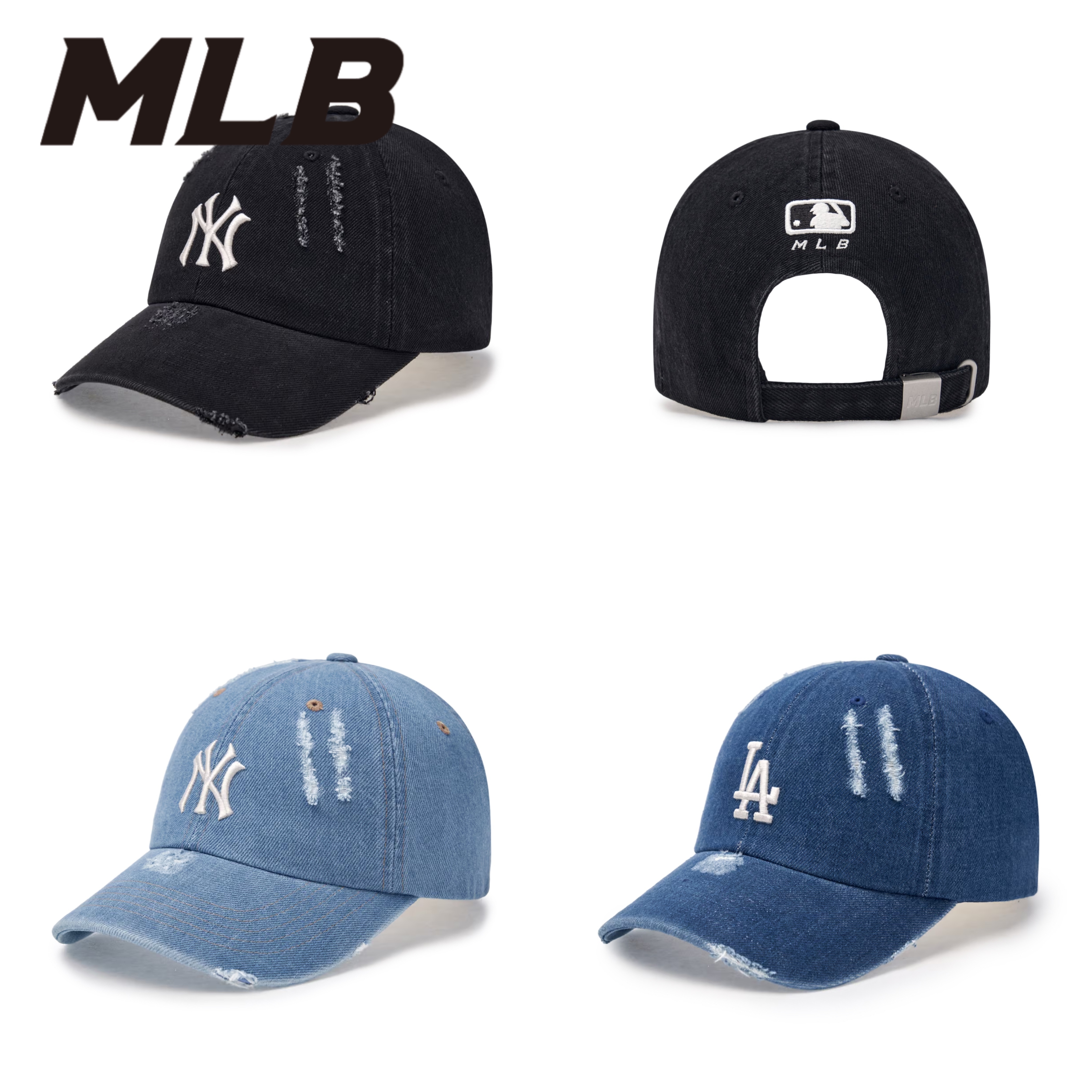 【韓国MLB Korea】ダメージ ウォッシング デニム ボールキャップ