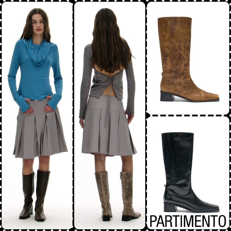 【PARTIMENTO】★ SLIM SQUARE TOE MIDI BOOTS ★ 4 COLOR