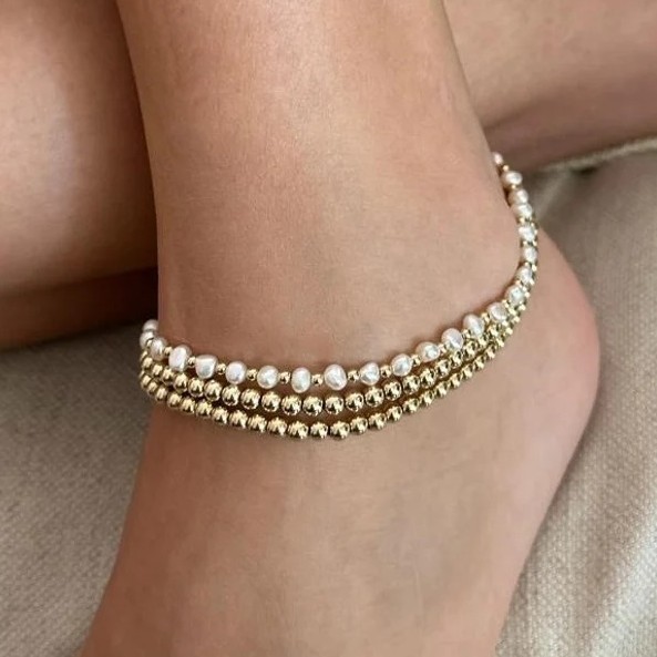 【TommassiniJewelry】Pearls & Gold Elastic Beadsアンクレット