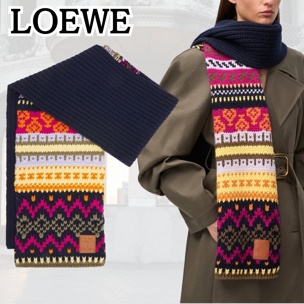 LOEWE*スタイルをアップグレード*ダークブルー マフラー ウール