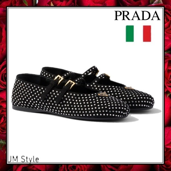 PRADA クリスタル付 スエード バレリーナ 直営店○PRADA○クリスタル付きスエードバレリーナ