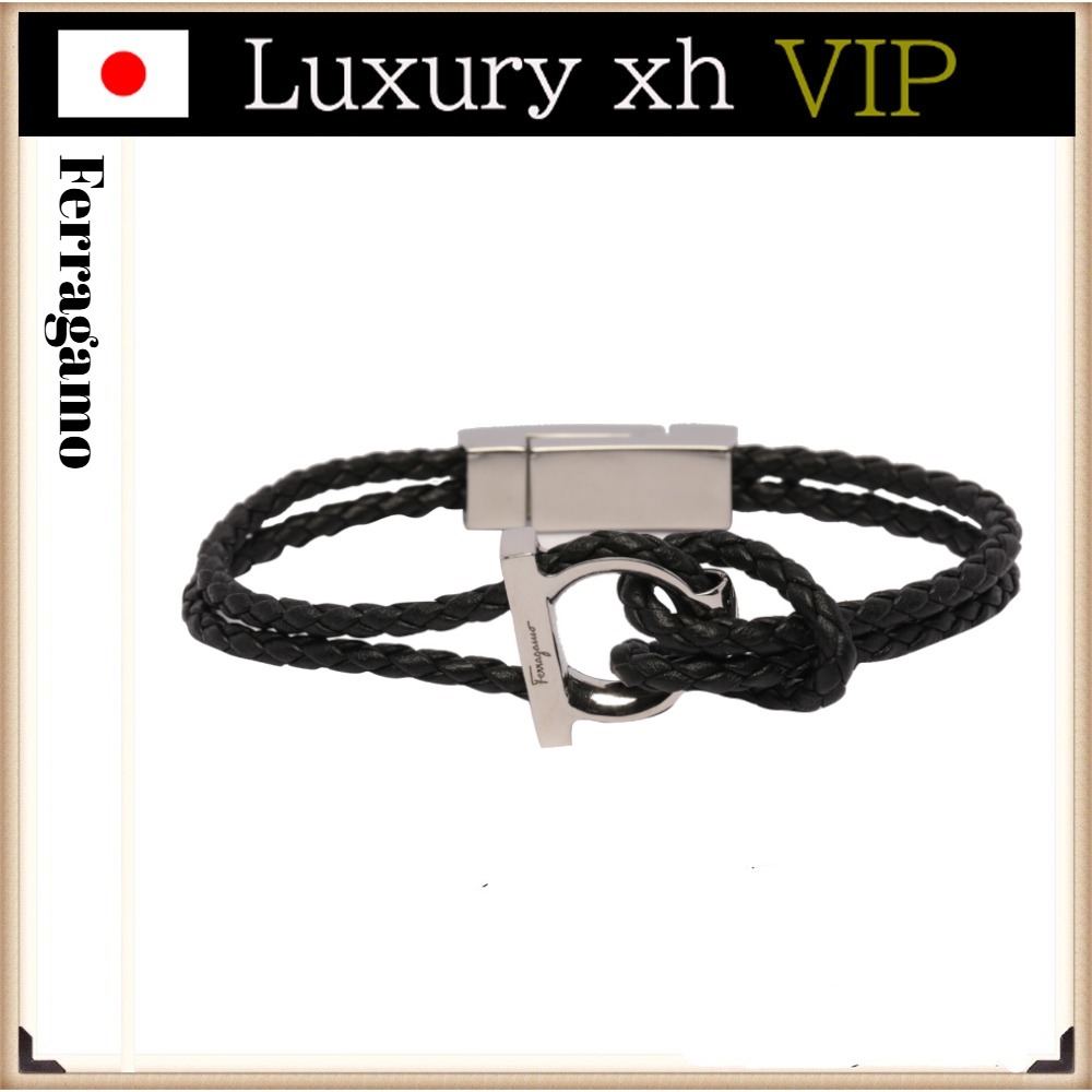 ★25SS Ferragamo GANCINI ブラック レザー ロゴ ブレスレット