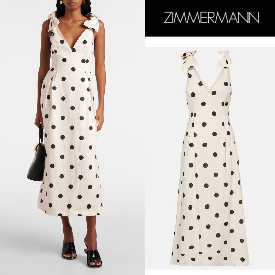 【Zimmermann】Polka-dot bow-detail linen midi dress