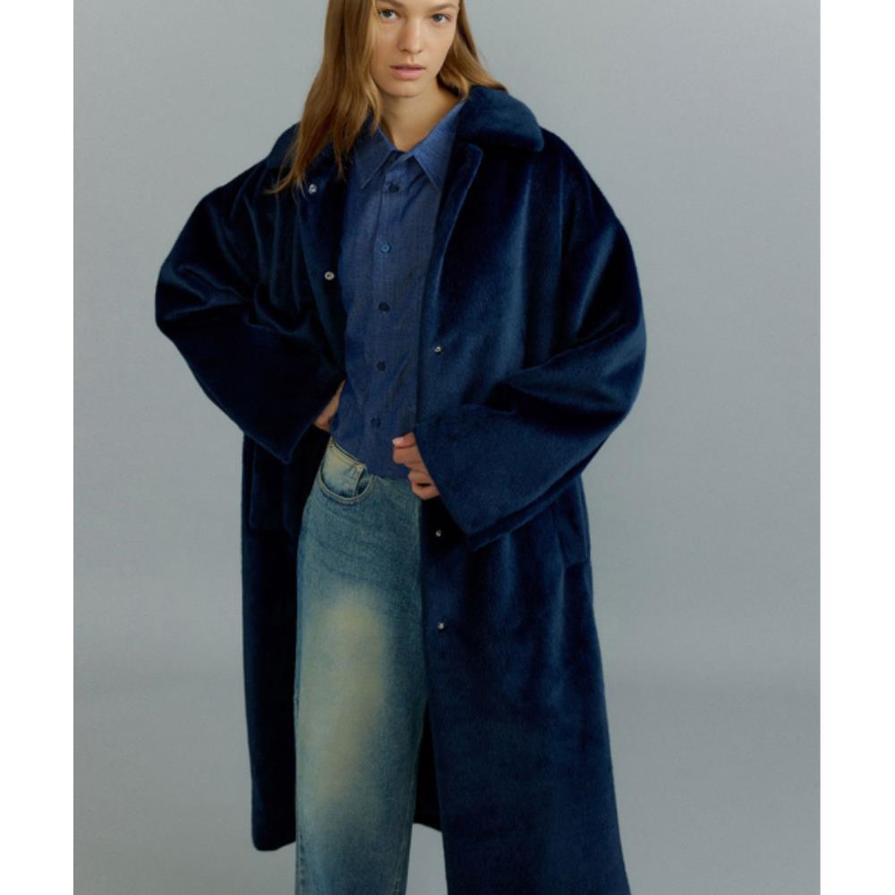 ムートン・ファーコート MOLLIOLLI ABBY overfit long mustang coat navy MW5WCT01XNY