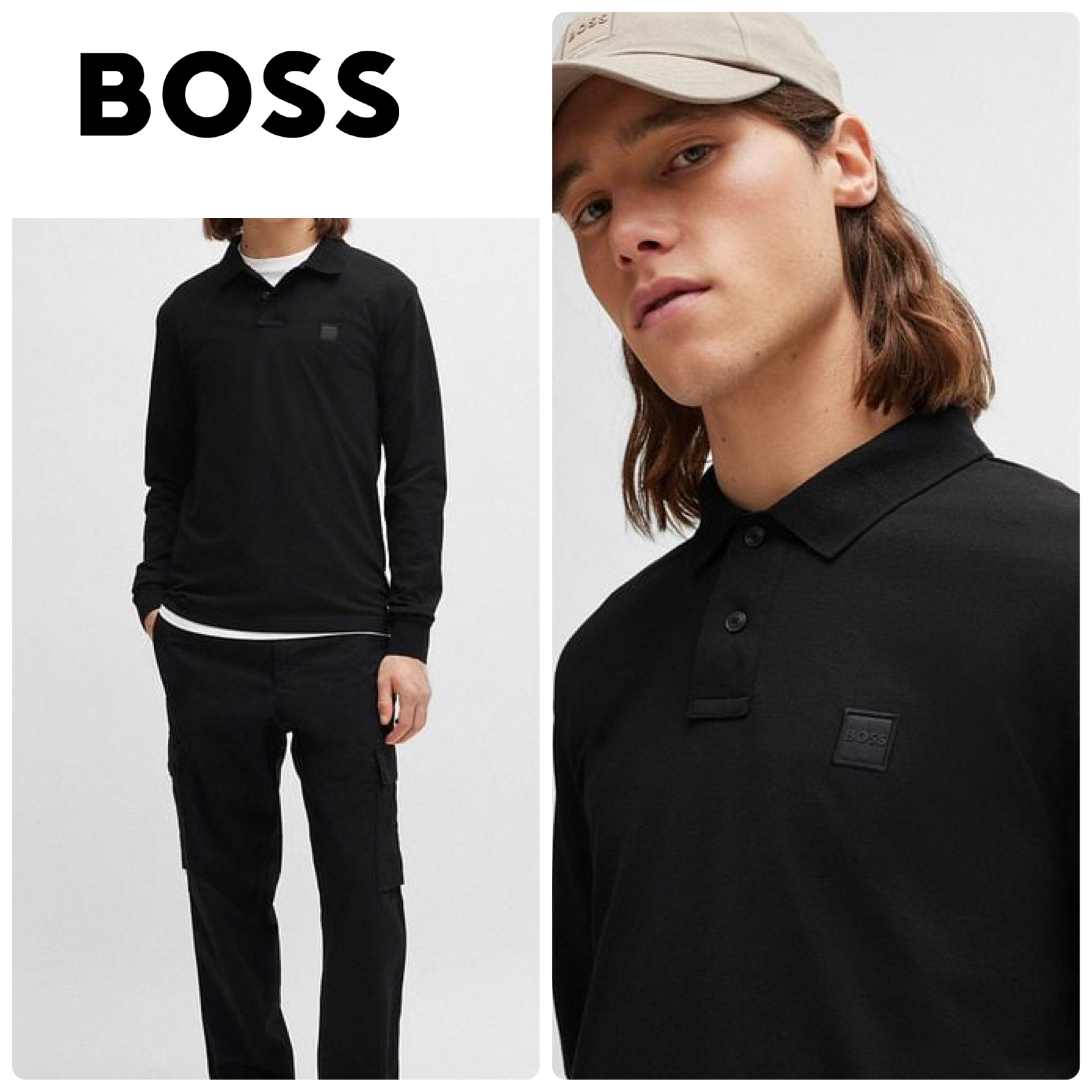 国内即発◆ヒューゴボス HUGO BOSS 長袖 ロゴ ポロシャツ 黒