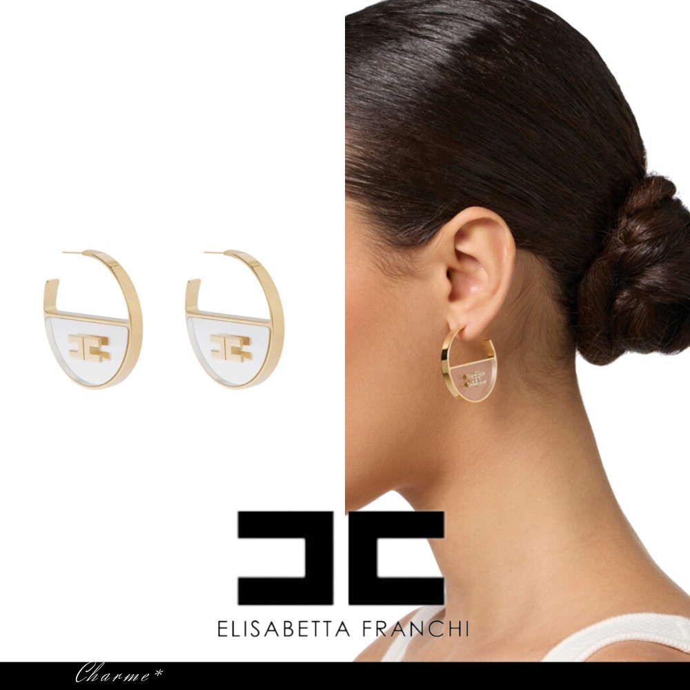 ELISABETTA FRANCHI ロゴ プレキシ ガラスフープピアス ゴールド