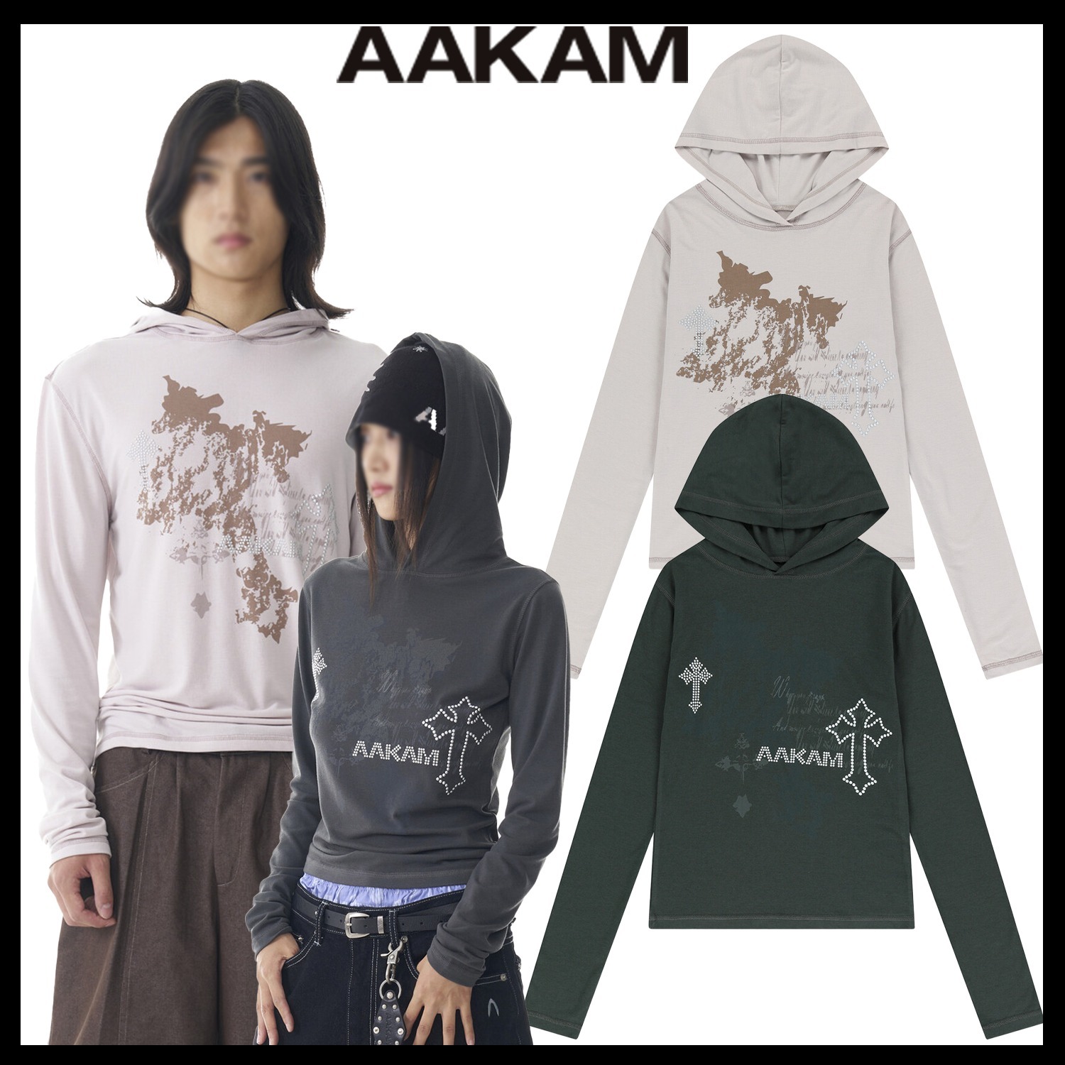 【AAKAM】Studded Cross Hooded Long Sleeve ★男女共用★追跡付