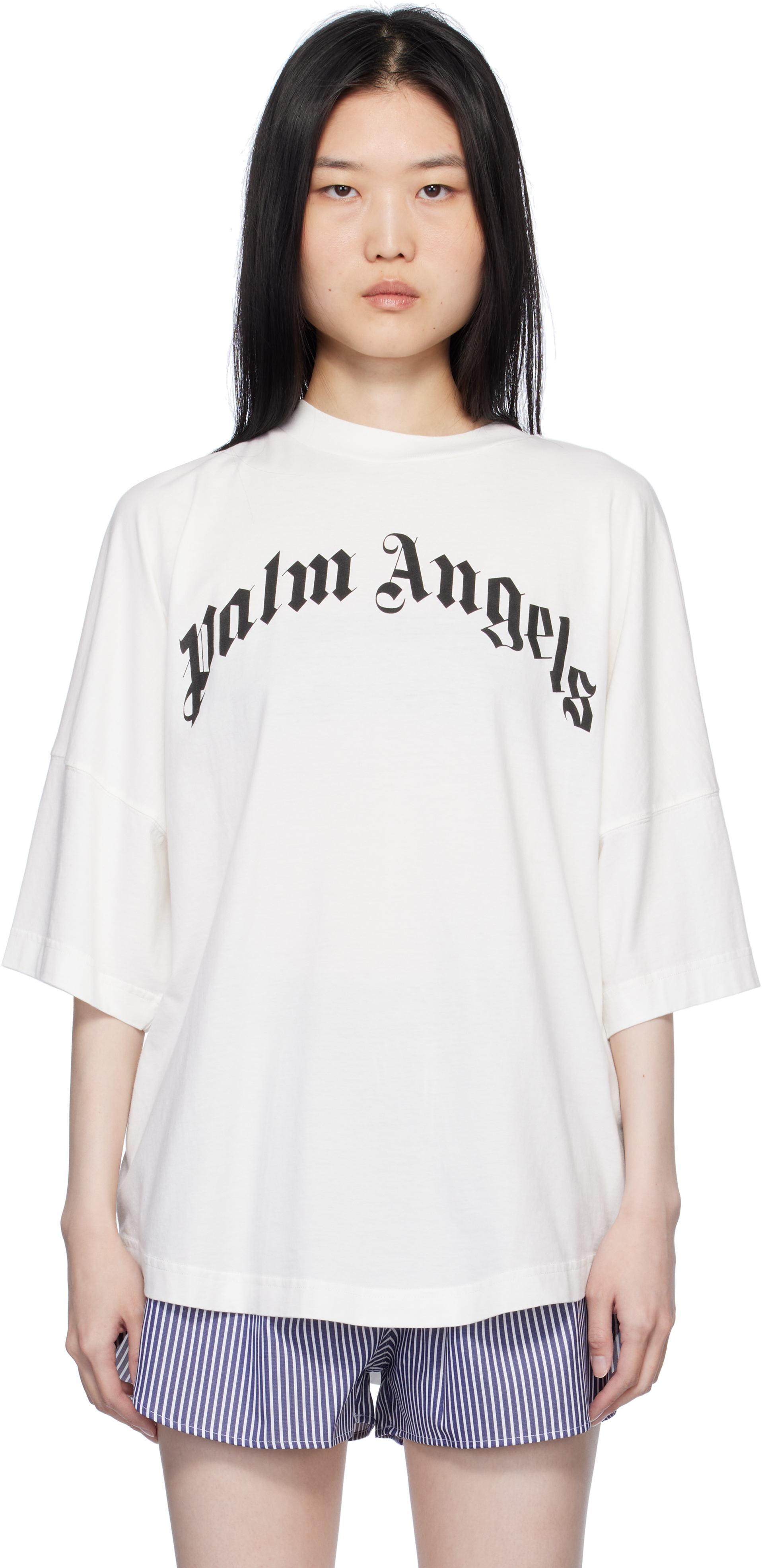 【関税込み】Palm Angels ホワイト Curved Logo ルーズ Tシャツ