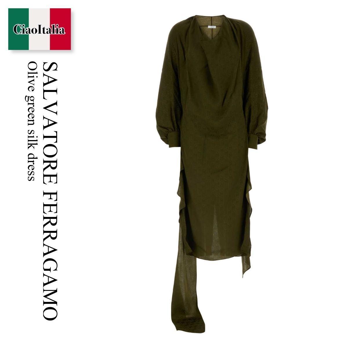 ワンピース Salvatore Ferragamo Olive Green Silk Dress