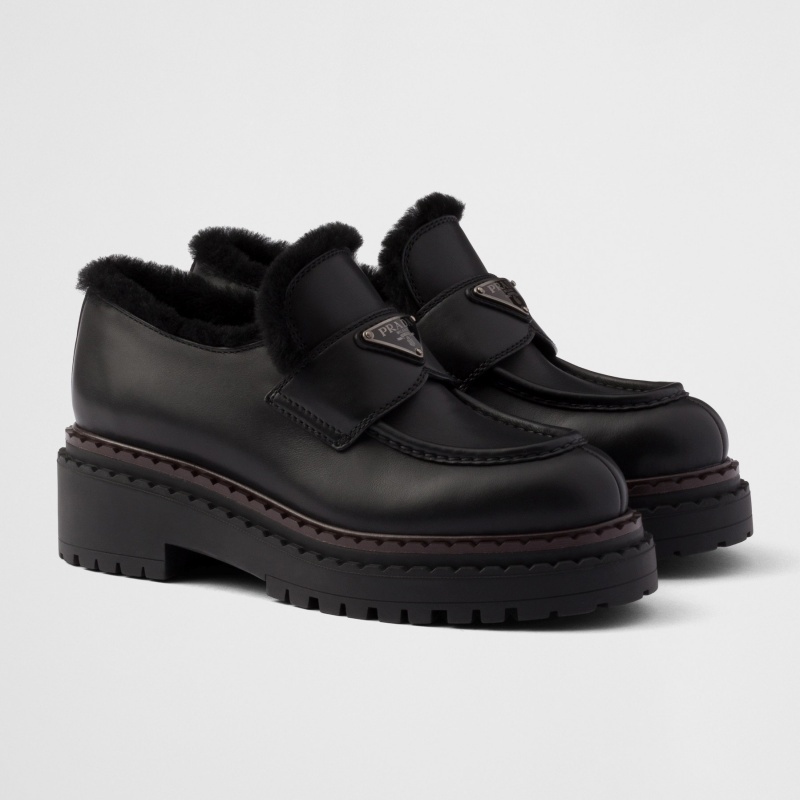 PRADA◇ダブル チョコレート レザー ＆ シアリング ローファー