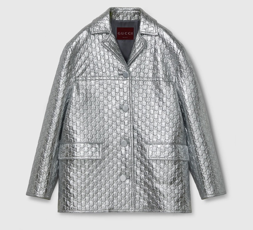 GUCCI《GGエンボス メタリックレザージャケット》シルバー 直営