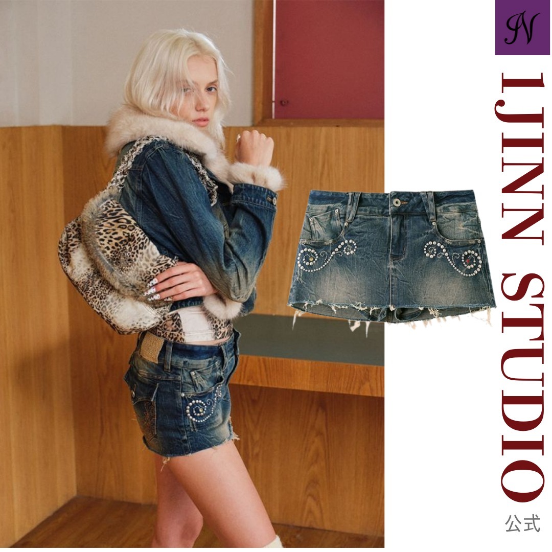 公式【1JINN STUDIO】 Retro Rivet Embellished Denim Skirt