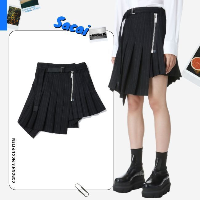 益若つばさ愛用《 Sacai 》wool100% Chalk Stripe Skirt