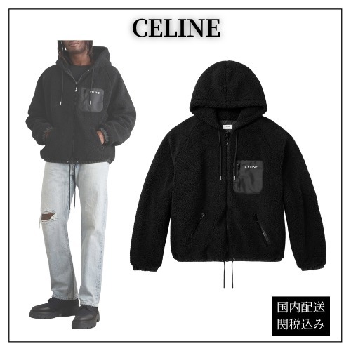 CELINE◆フリース フーディー シェルトリム ロゴ刺繍入り