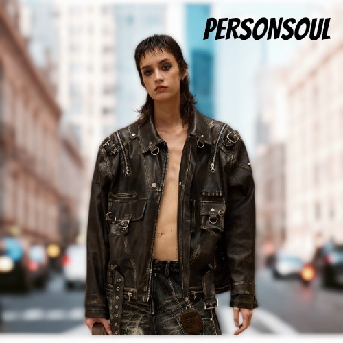 【PERSONSOUL】レトロラバーカラー PUNK メタルレザージャケット