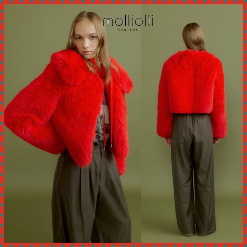 ムートン・ファーコート MOLLIOLLI SUNNY Bulky Crop Fur Jacket Red