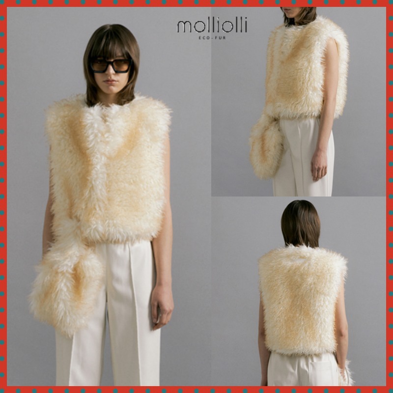 ムートン・ファーコート MOLLIOLLI MONE Crop Mini Fur Vest Pouch Set Ivory Yellow