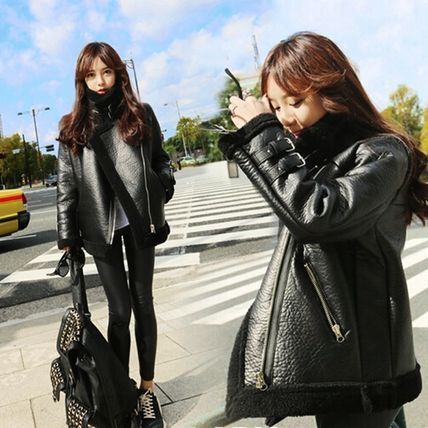 ボア フェイクレザー シンプル スイングトップ ジャケット 韓国