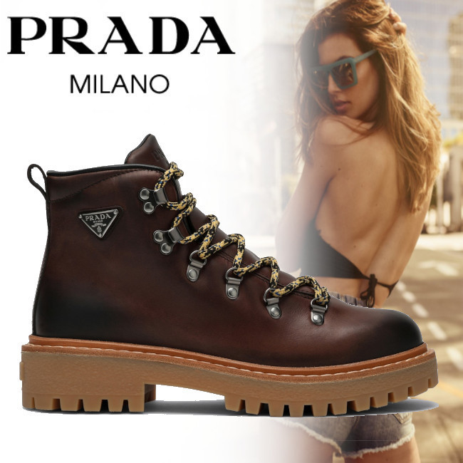 正規店買付【PRADA】レザー 編み上げ ブーツ