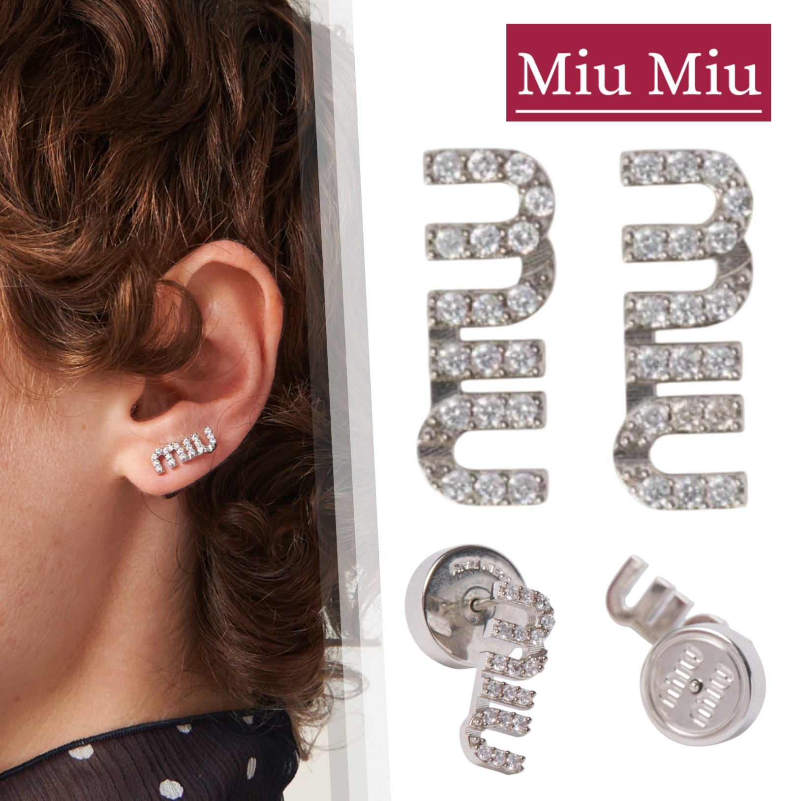 国内直営【MIU MIU】クリスタル付 メタル ピアス ロゴ 送料込