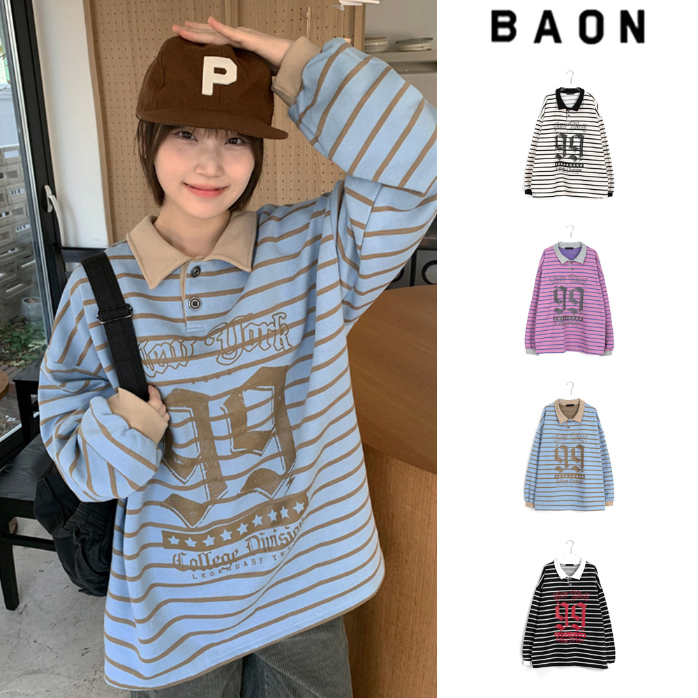 【BAON】[unisex] Makino Stripe Brushed Rugby Collar L/S Tee