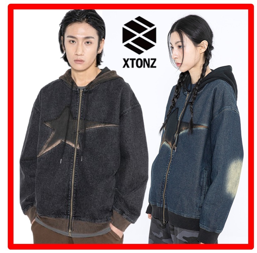 ★人気【XTONZ】★Vintage Washing Star Demin Hooded Zip-Up★