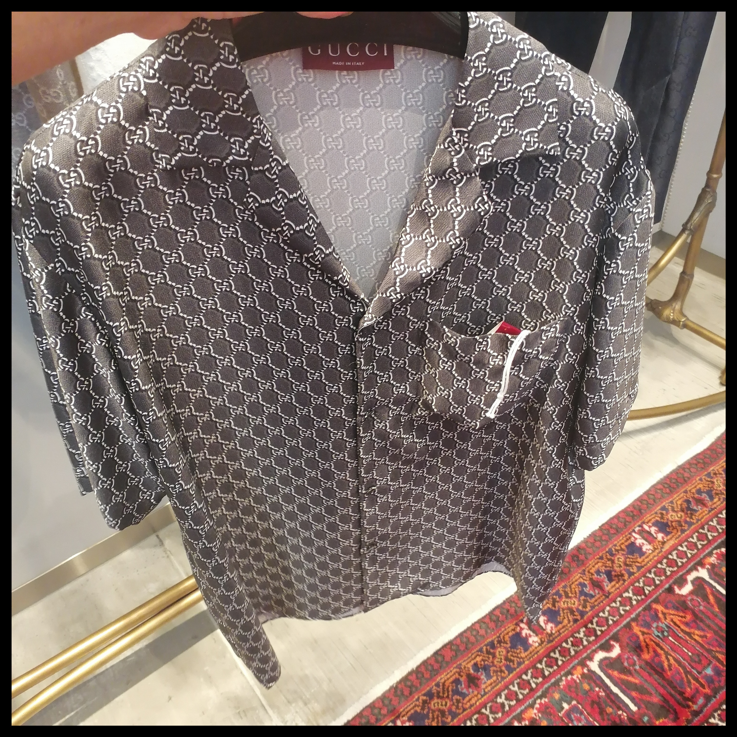 ◆GUCCI◆ GGシャドウ シルク シャツ グレー＆ホワイト