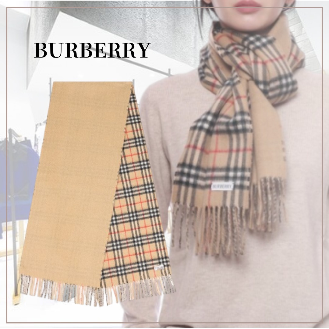 【BURBERRY】カシミヤ マフラー フリンジ付き チェック柄