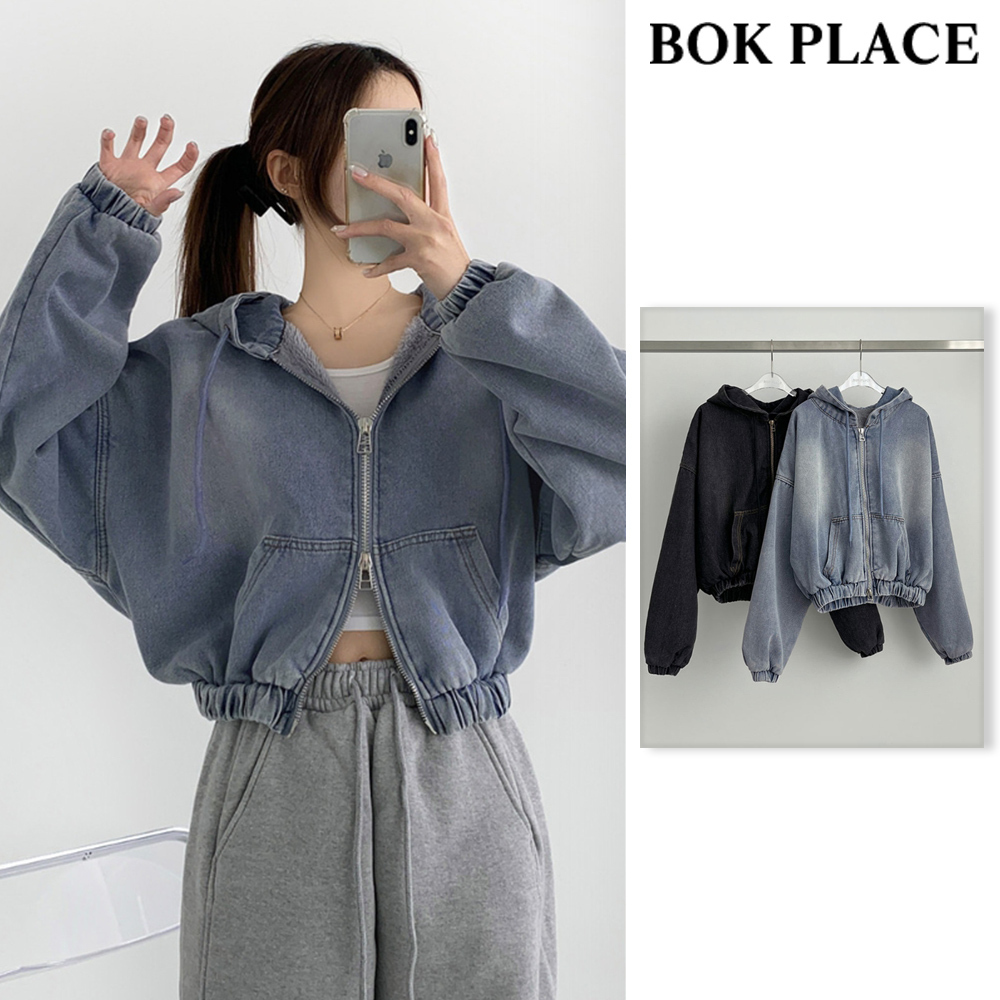 【BOK PLACE】Casual Street Boa Fur Lining Warm Hood Denim JK