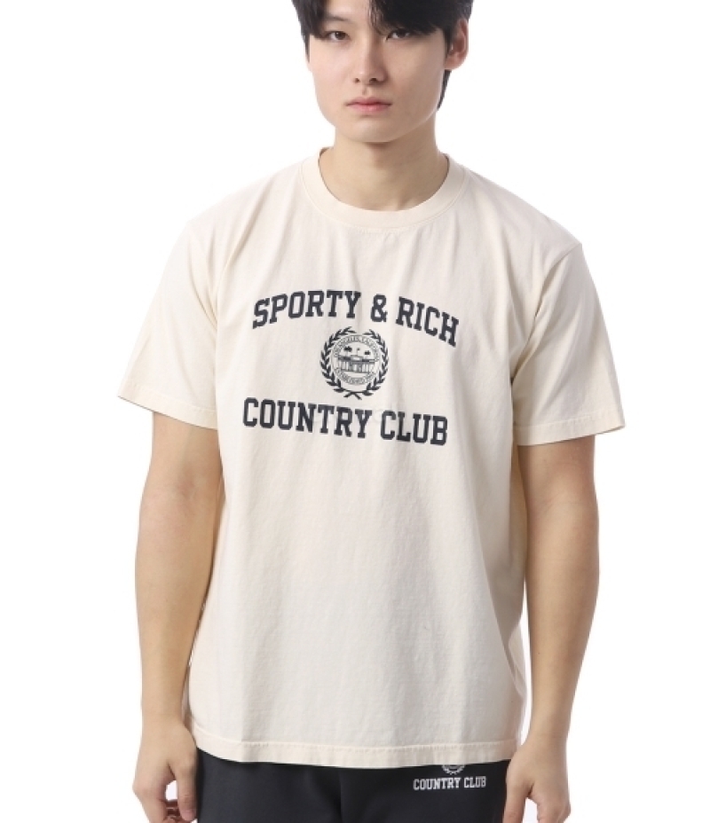 Sporty&Rich｜ (Varsity Crest T-Shirts - Cream/Navy (TO04